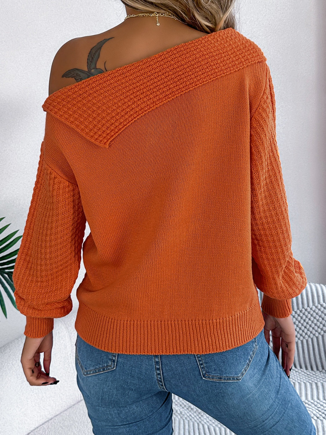 Cable-knit one shoulder long sleeve sweater