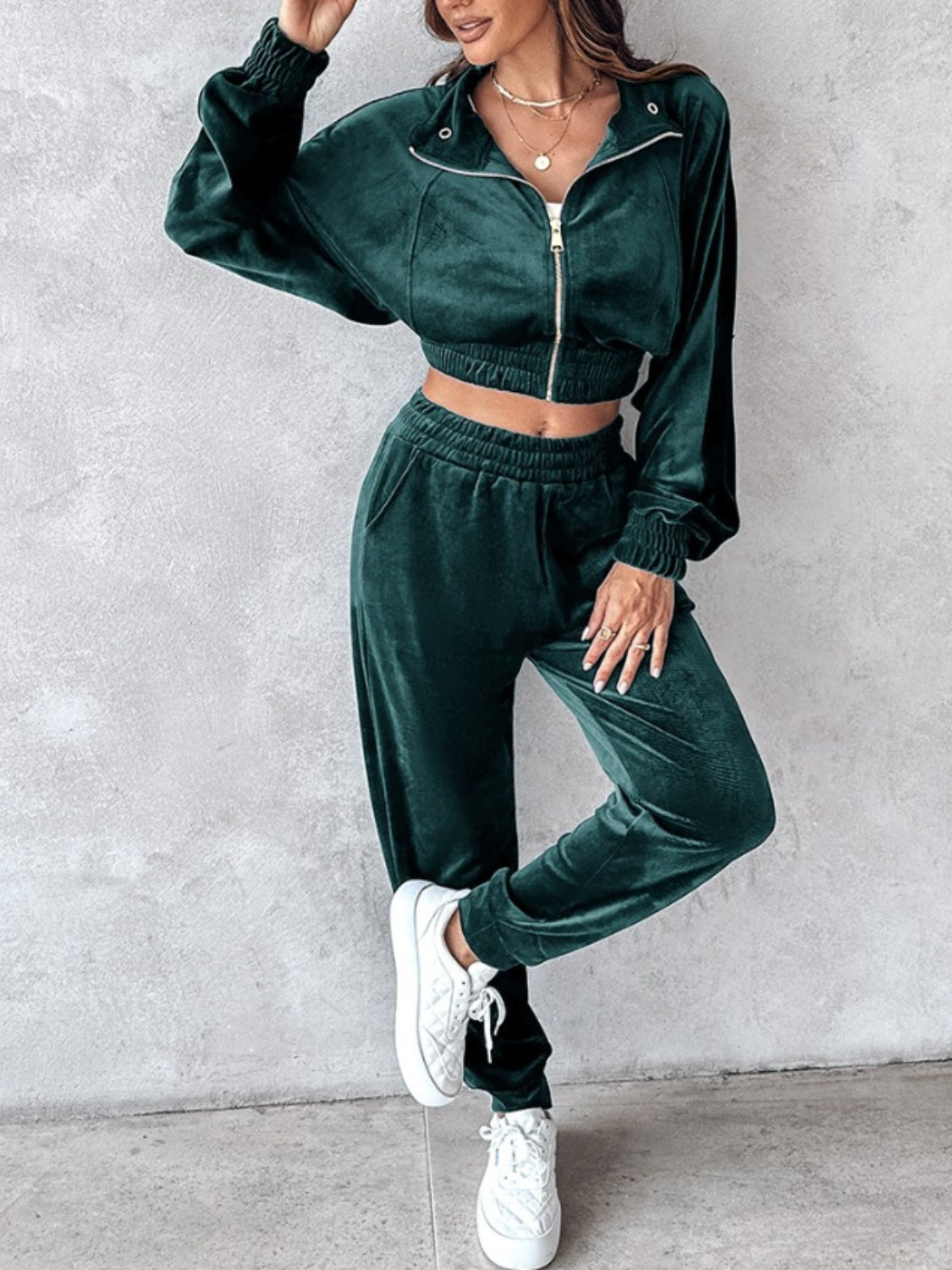 Zip up long sleeve cropped top and joggers set - deep teal / s