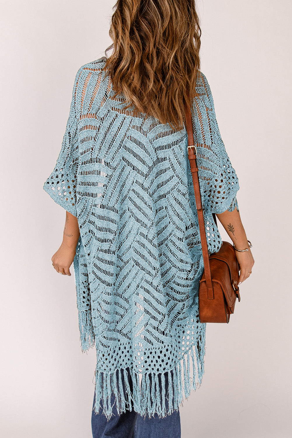 Openwork open front cardigan with fringes