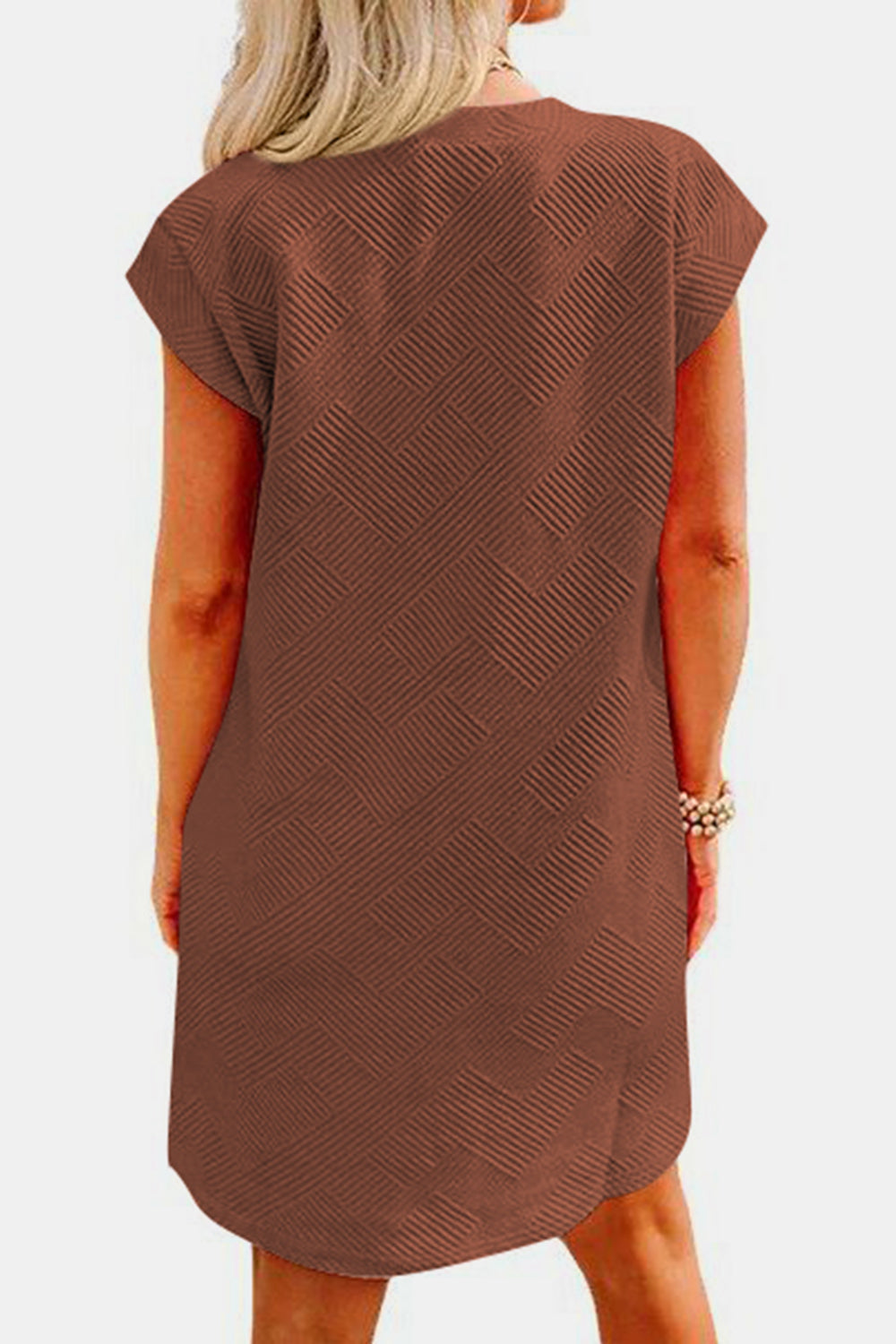 Textured round neck cap sleeve dress