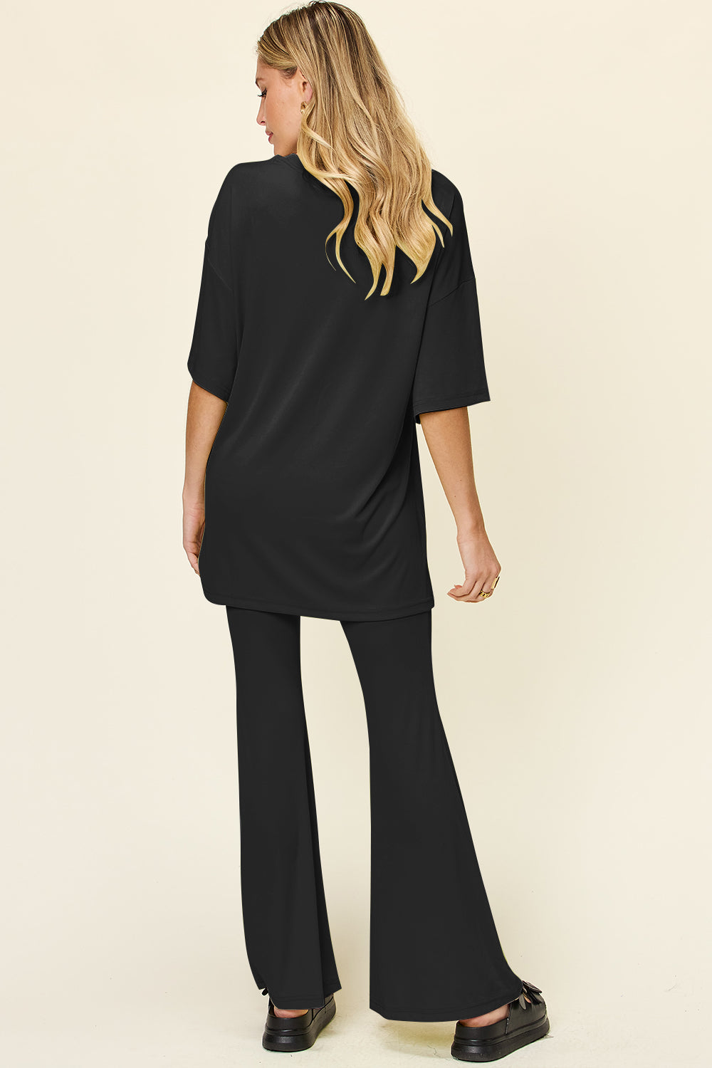 Double take full size round neck drop shoulder t-shirt and flare pants set