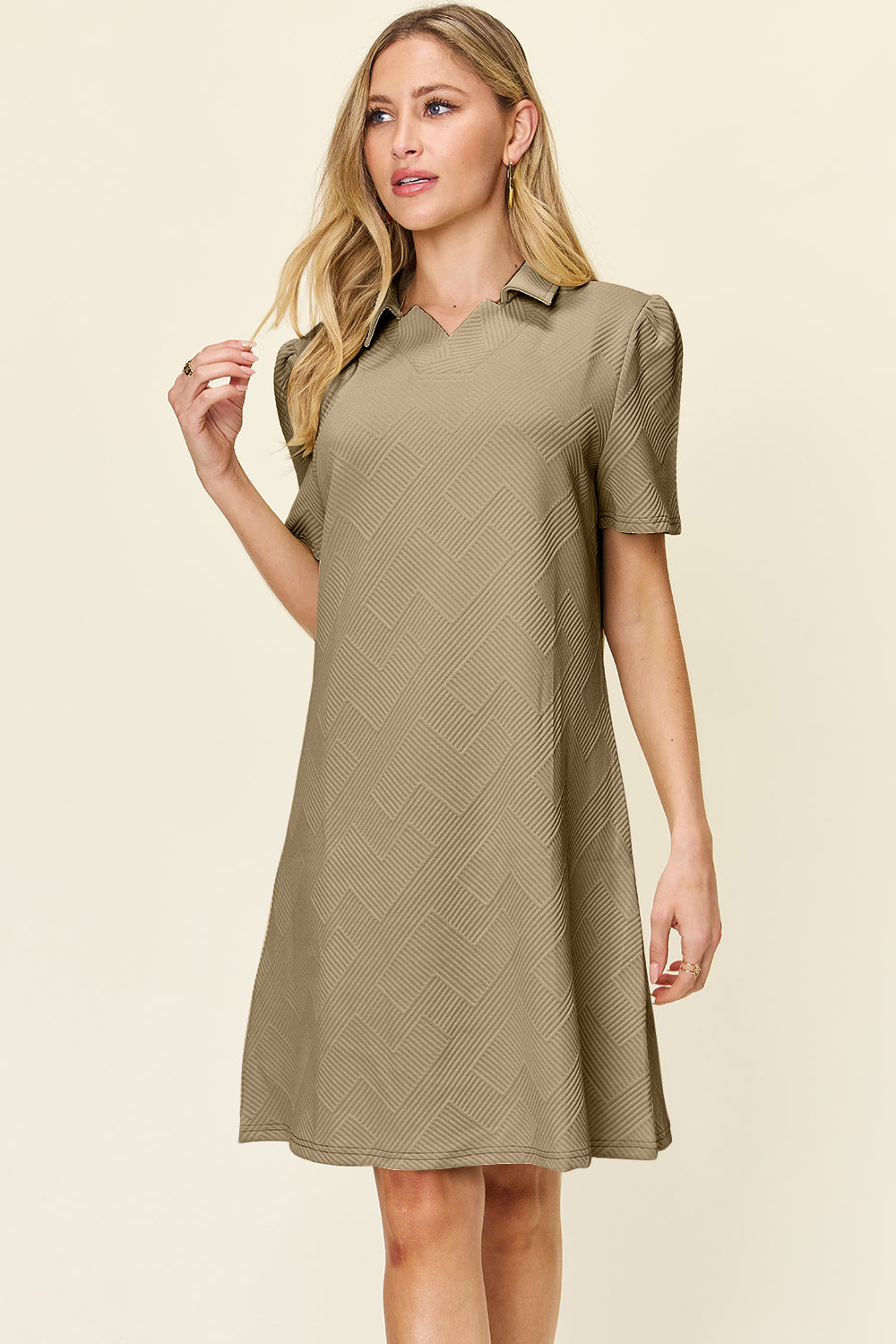 Double take full size texture collared neck short sleeve dress - khaki / s