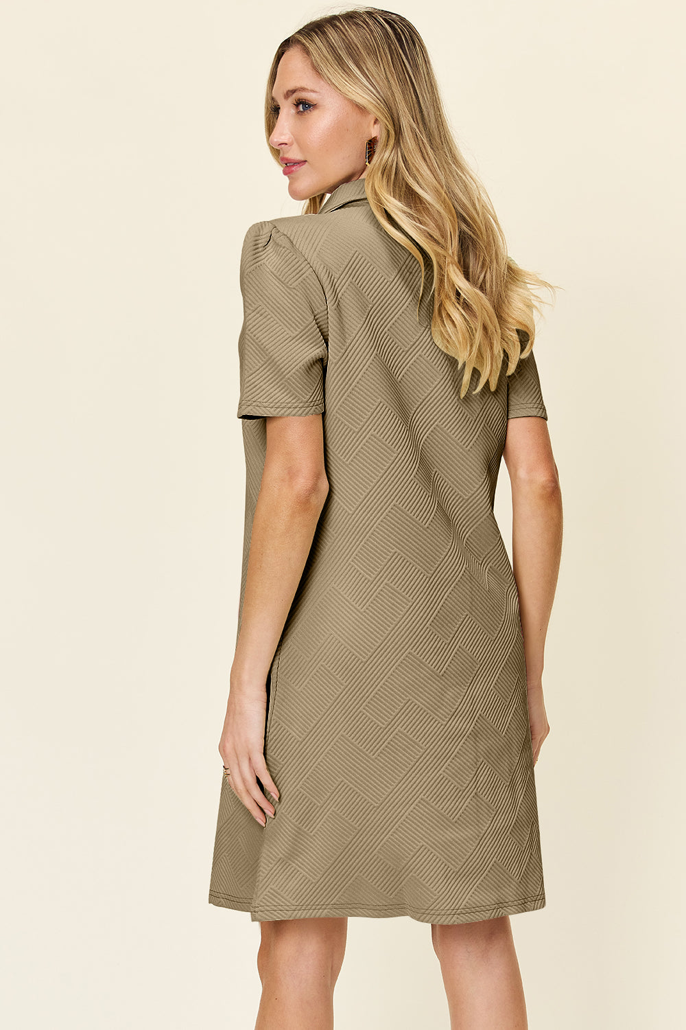 Double take full size texture collared neck short sleeve dress