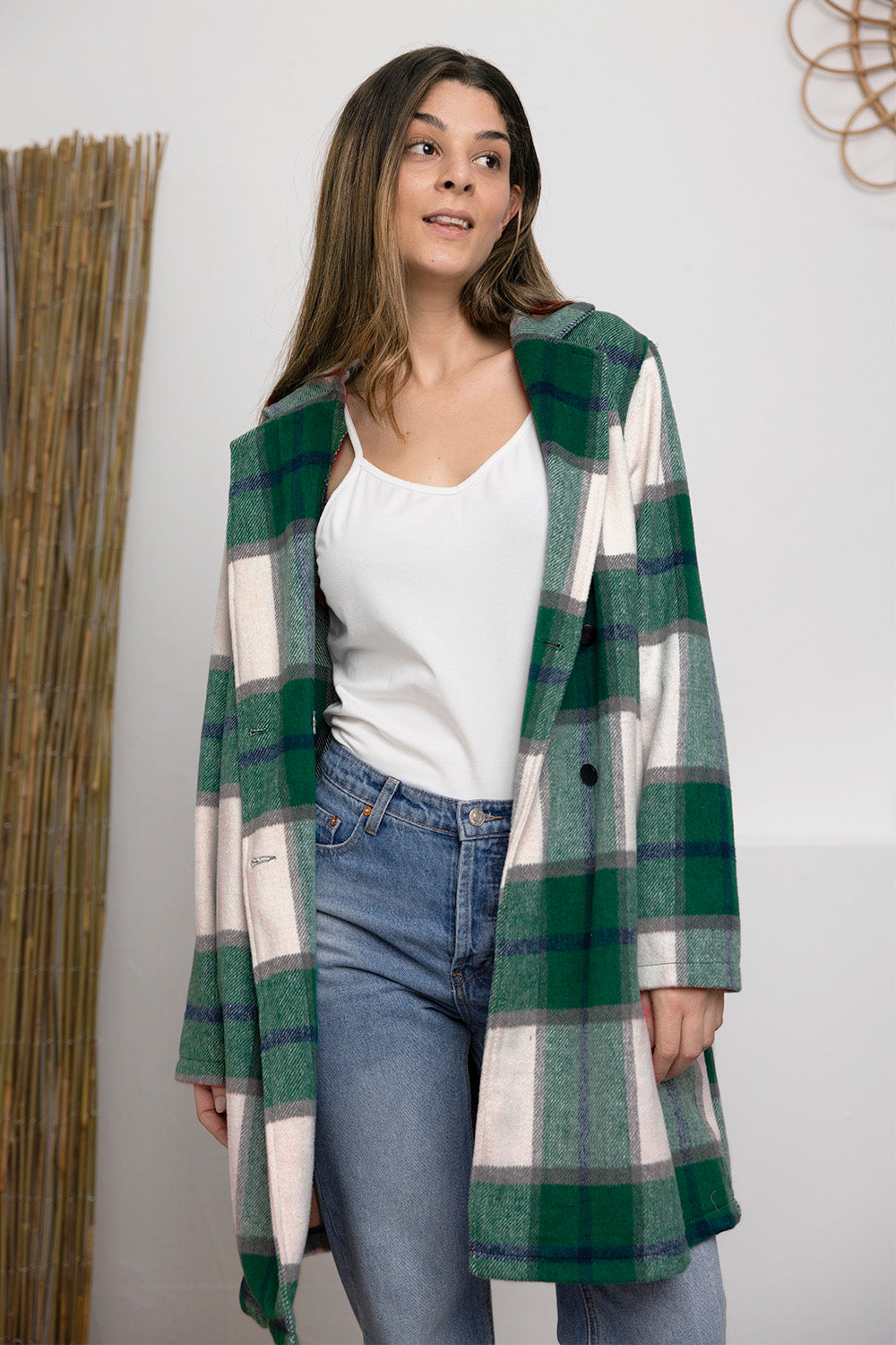 Double take full size plaid button up lapel collar coat - green / s