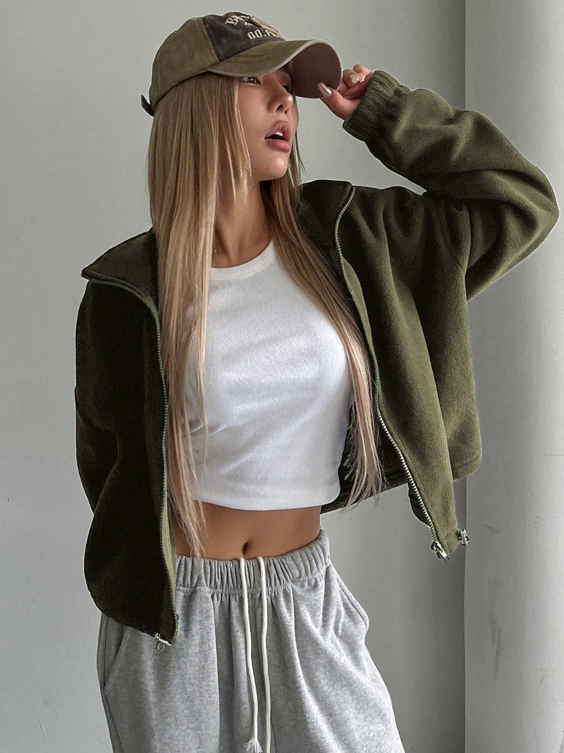 Honey zip up long sleeve cropped jacket