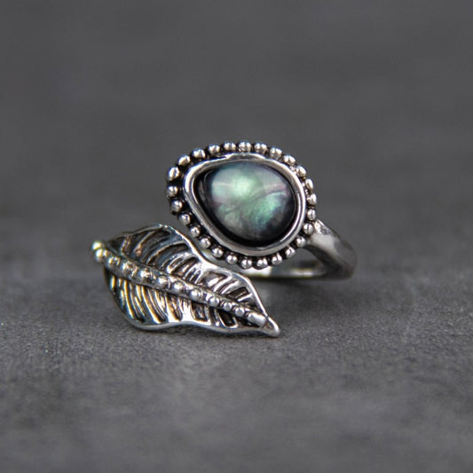 Alloy moonstone leaf bypass ring - silver / one size