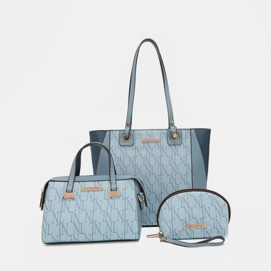 Nicole lee usa 3-piece letter print texture handbag set - blue / one size