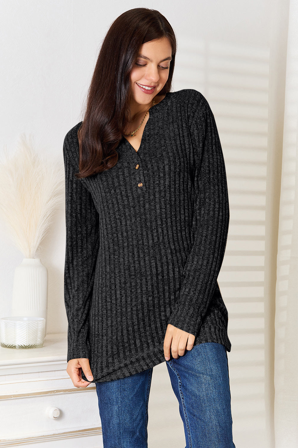 Double take notched neck ribbed long sleeve t-shirt