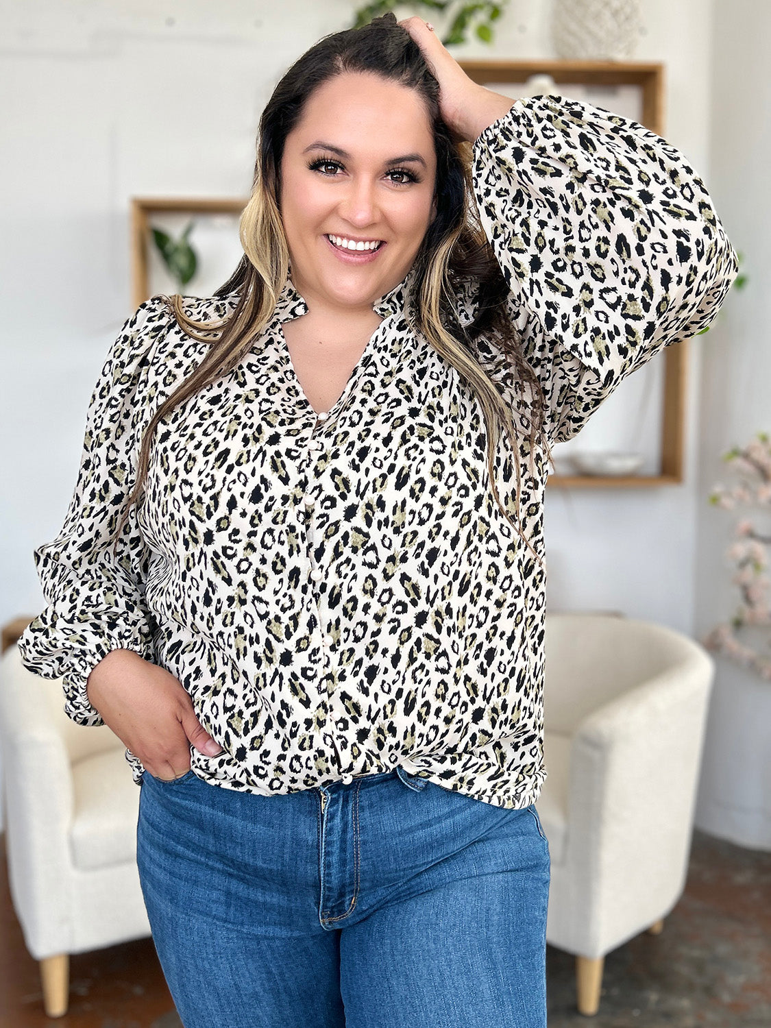 Double take full size leopard long sleeve blouse