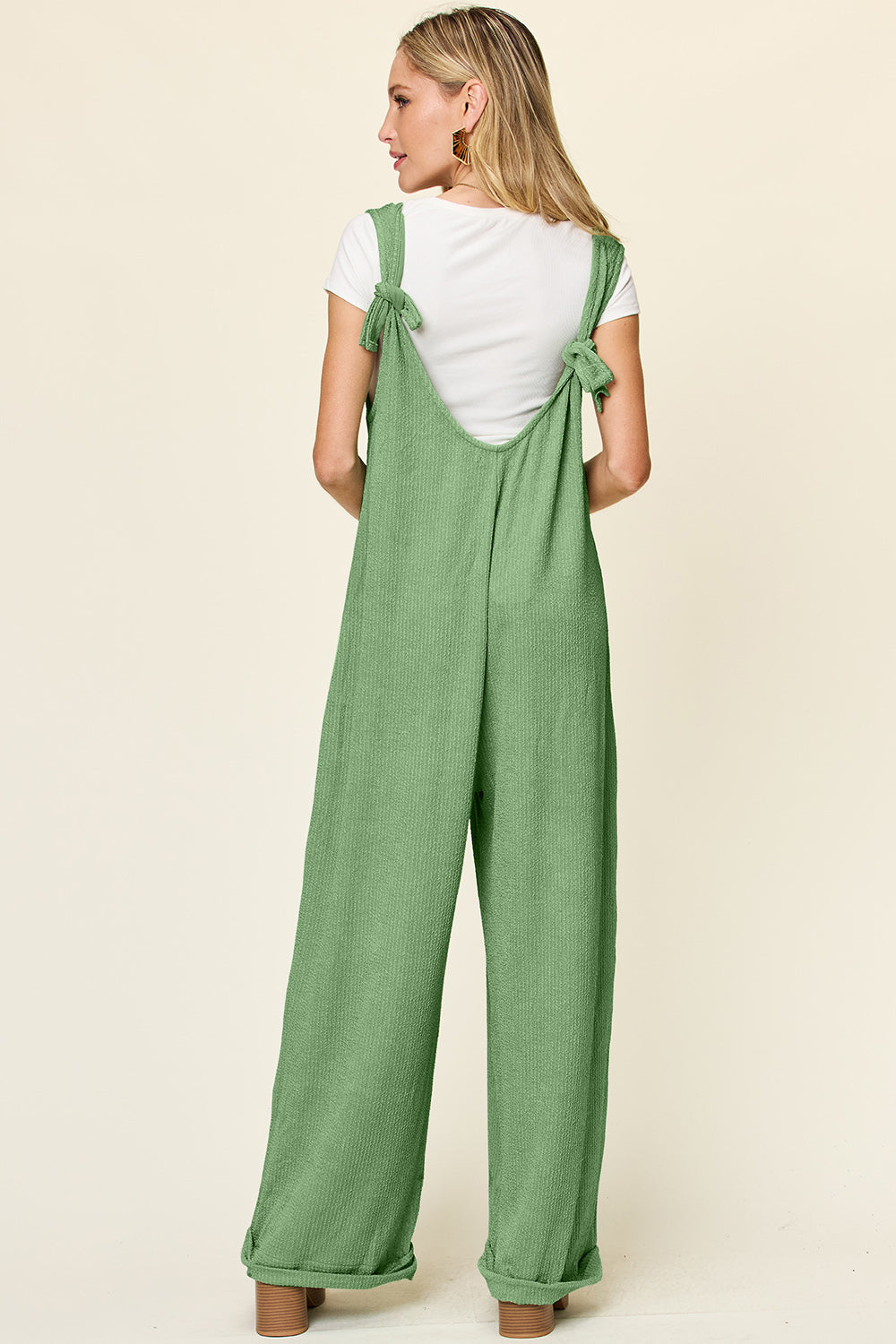 Double take full size texture sleeveless wide leg jumpsuit