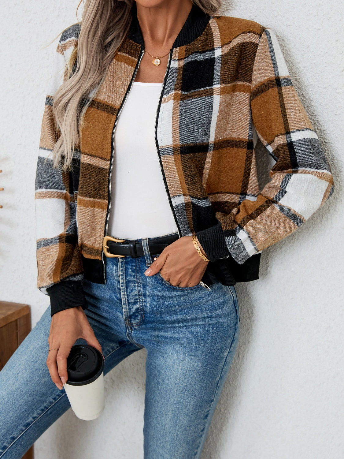 Plaid zip up long sleeve jacket