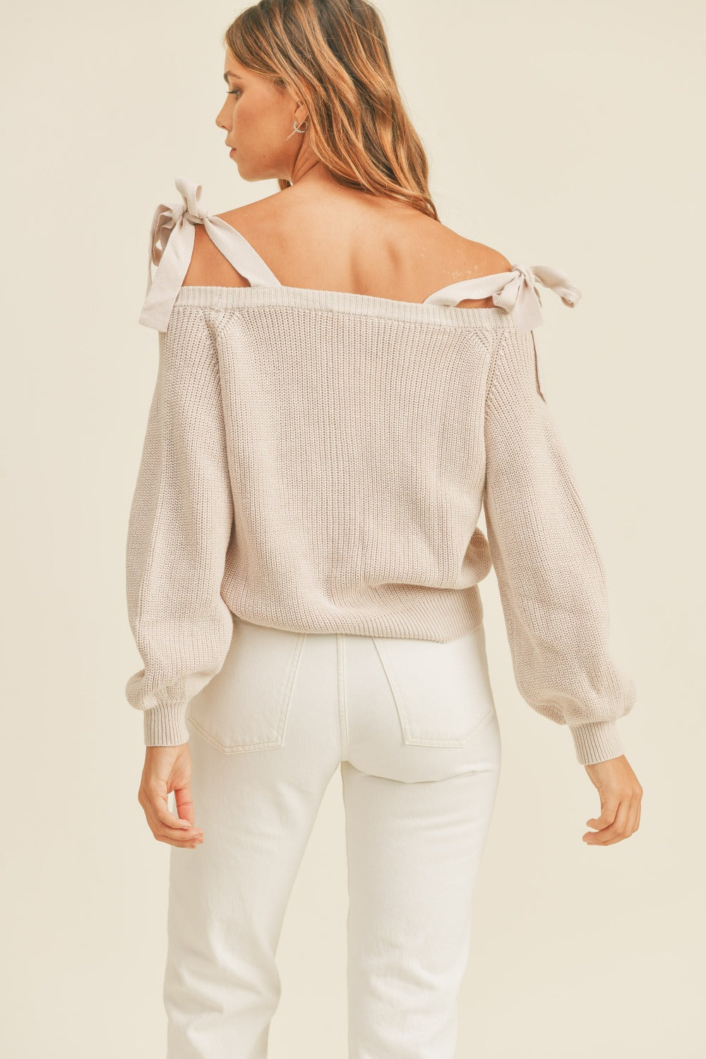 Mable off shoulder self tie strap button down sweater