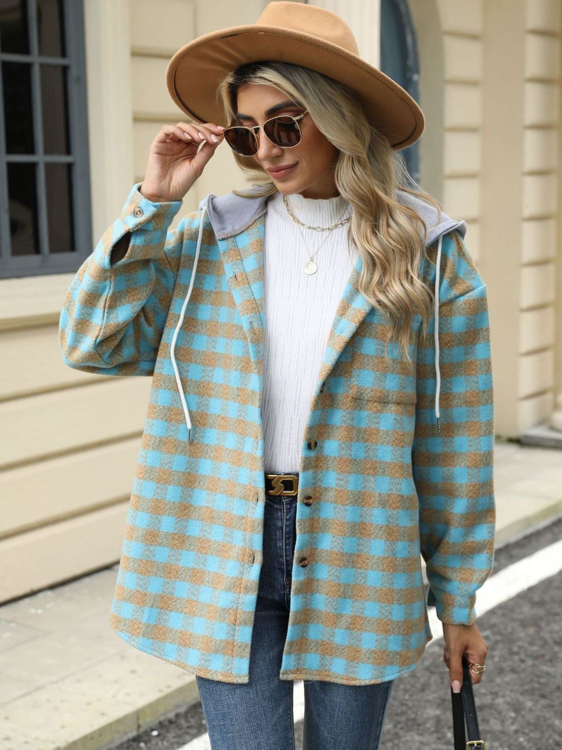 Drawstring plaid long sleeve hooded jacket