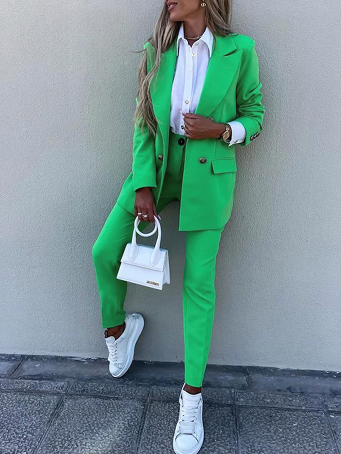 Lapel collar long sleeve blazer and pants set - mid green / s