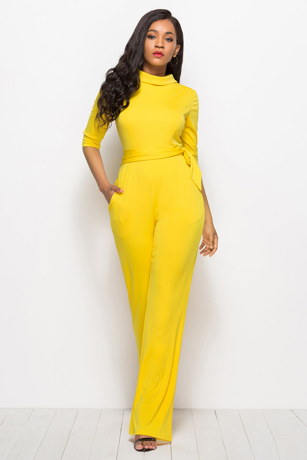 Mock neck tie-waist half sleeve jumpsuit