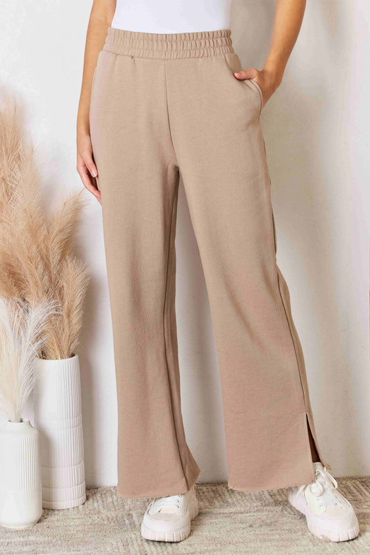 Risen wide waistband slit leg pants - tan / s