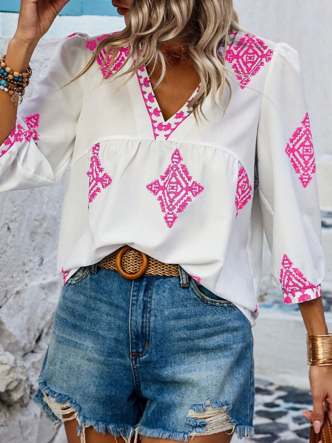 Printed v-neck three-quarter sleeve blouse