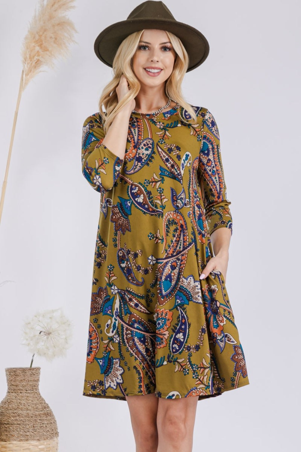 Celeste full size paisley print round neck dress with pockets