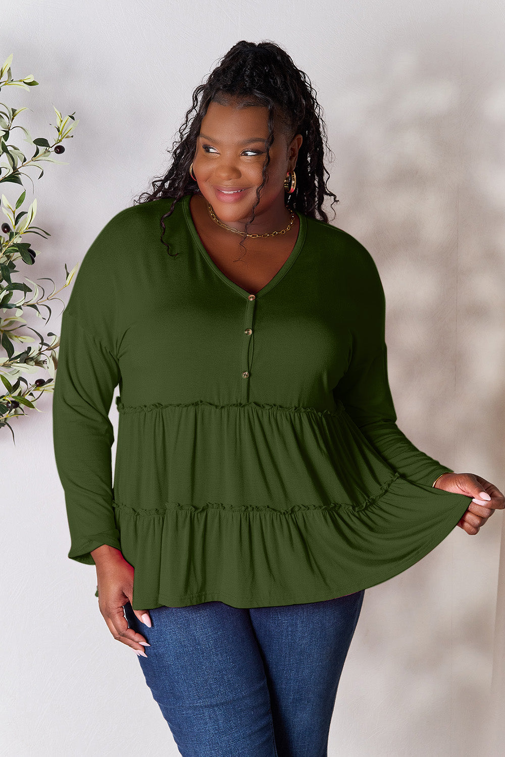 Double take half button long sleeve ruffle hem blouse - army green / s