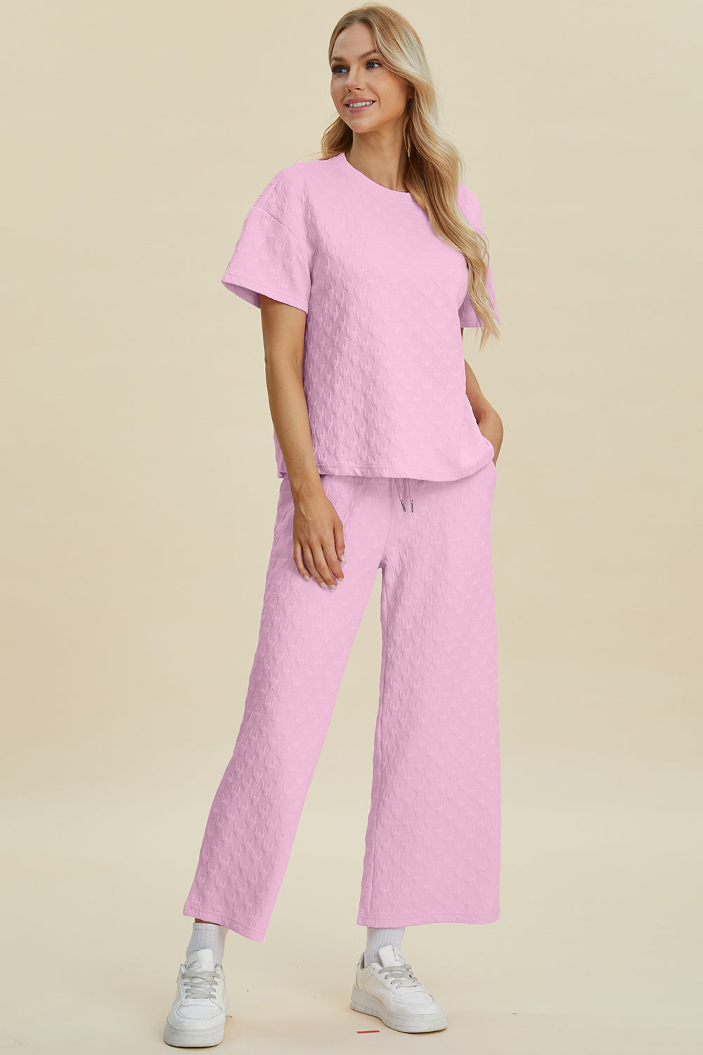 Double take full size texture round neck short sleeve top and pants set