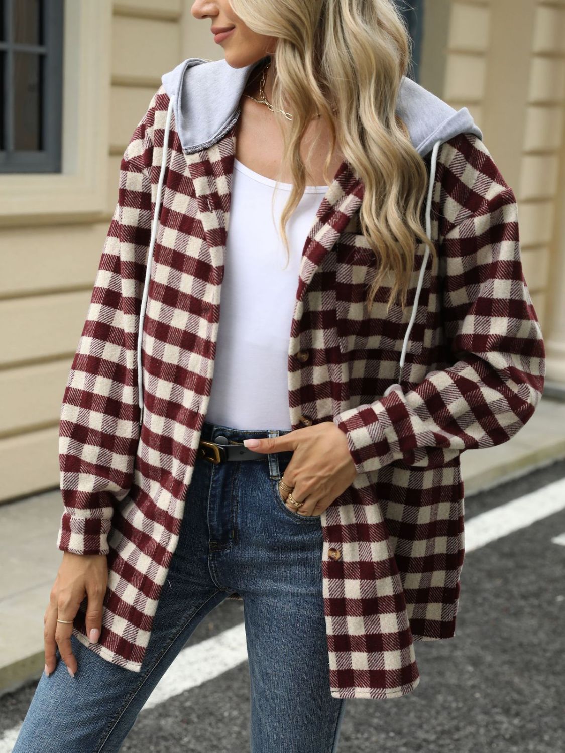 Drawstring plaid long sleeve hooded jacket - dark brown / s