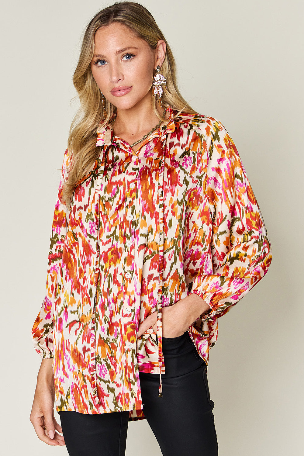 Double take full size printed button up long sleeve shirt - tangerine / s