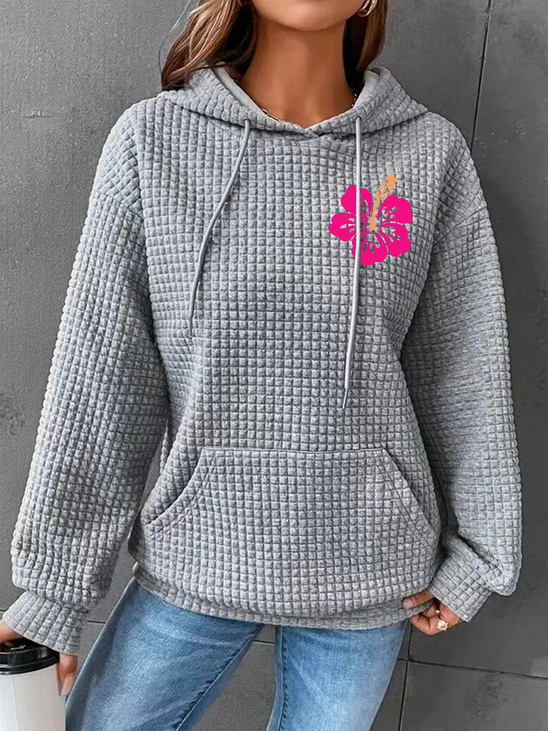 Full size flower graphic textured hoodie with pocket - gray / s