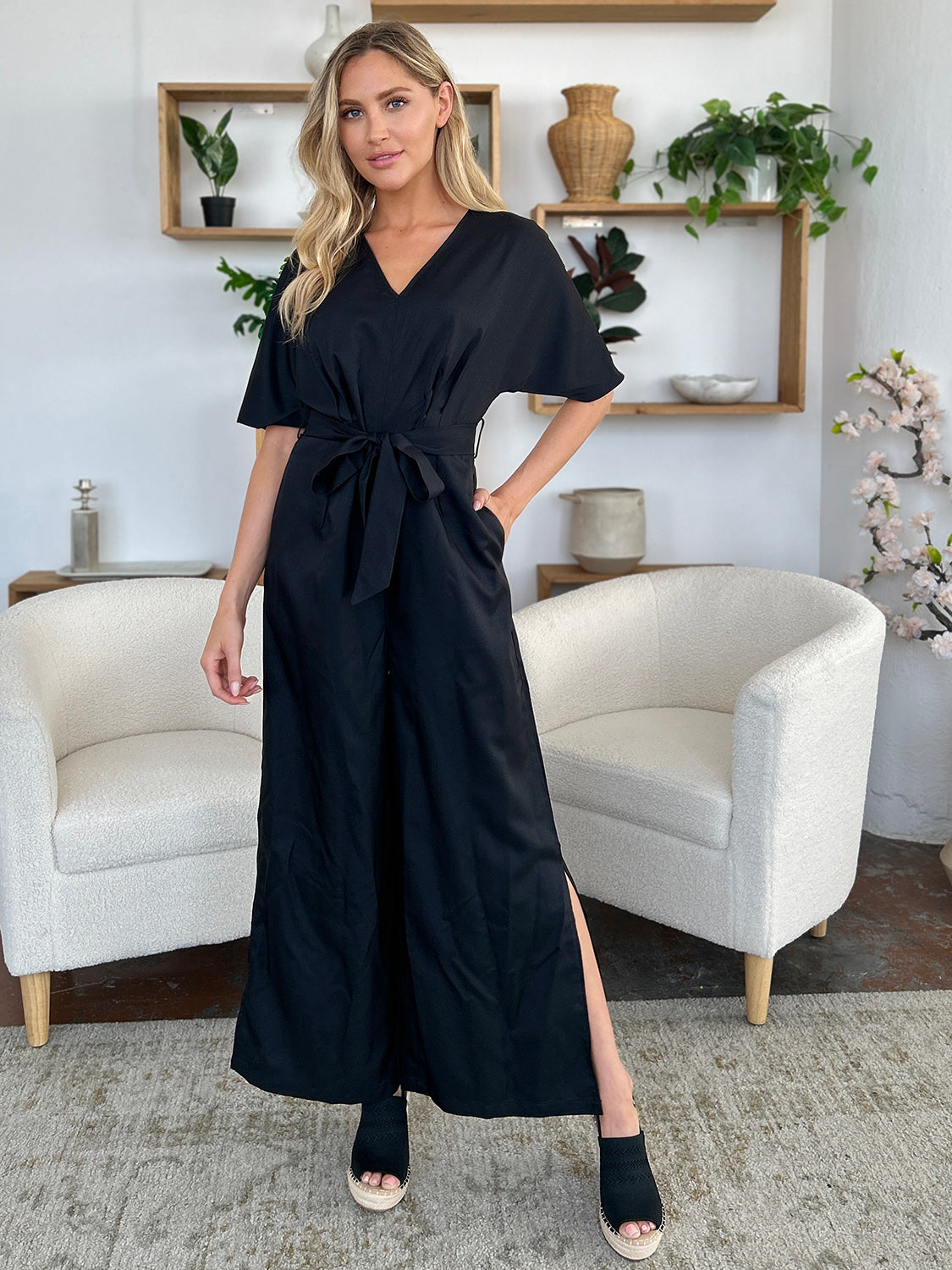 Double take full size v-neck tied side slit jumpsuit