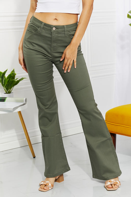 Zenana clementine full size high-rise bootcut jeans in olive - matcha green / s