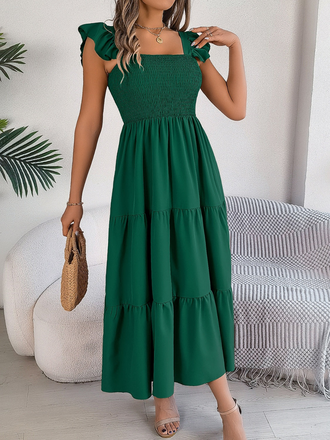 Smocked square neck cap sleeve midi dress