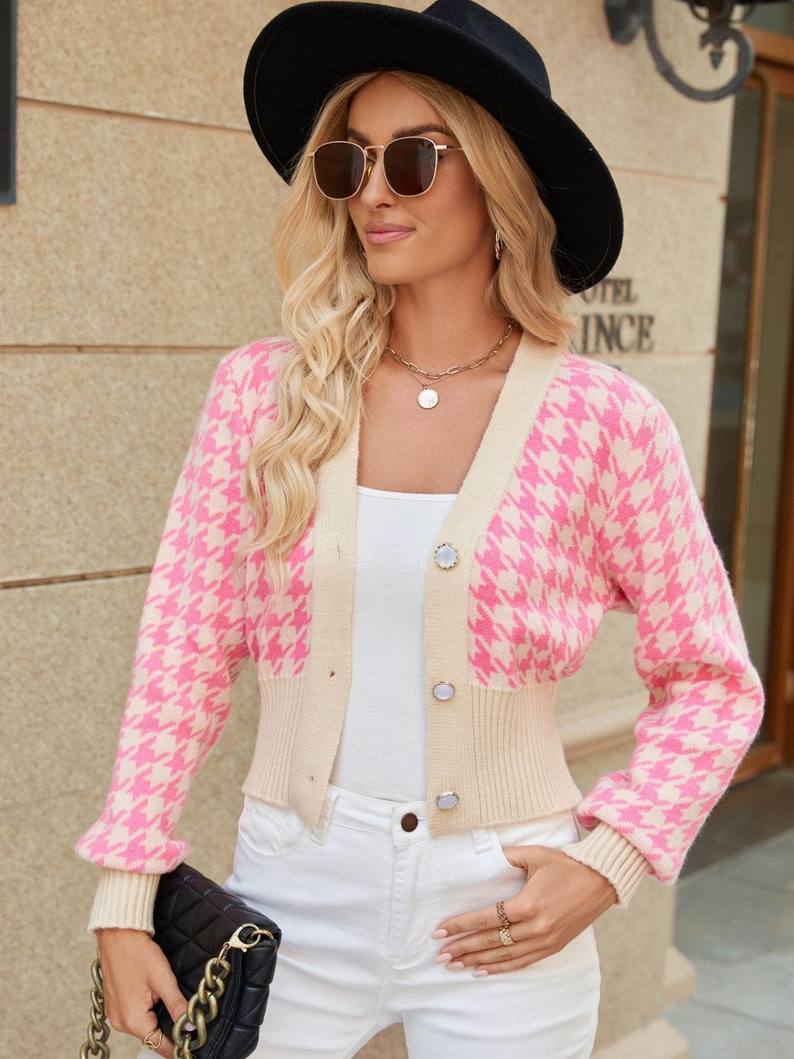 Houndstooth button up long sleeve cardigan