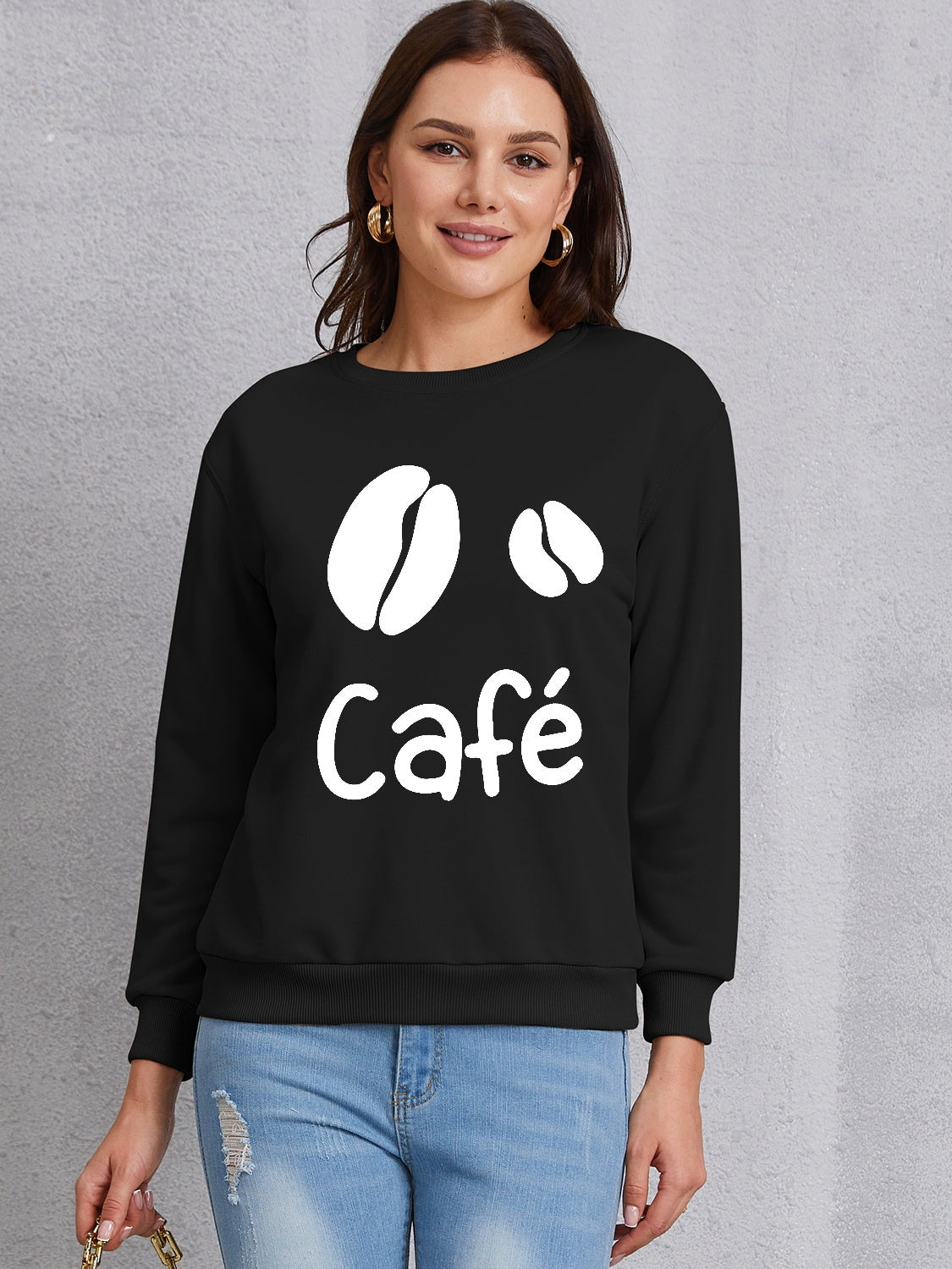 Cafe round neck dropped shoulder sweatshirt - black / s