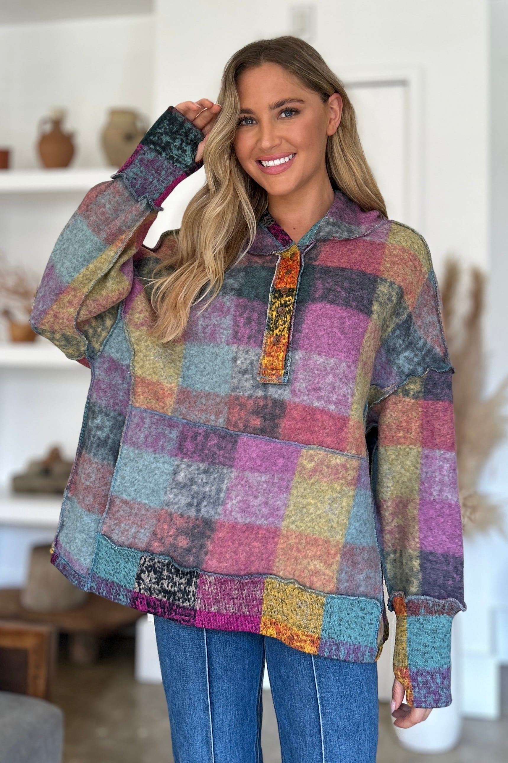 Double take full size plaid dropped shoulder hoodie - heliotrope purple / s