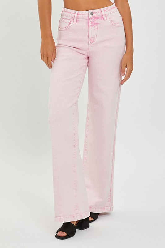 Risen full size high rise tummy control wide leg jeans - acid pink