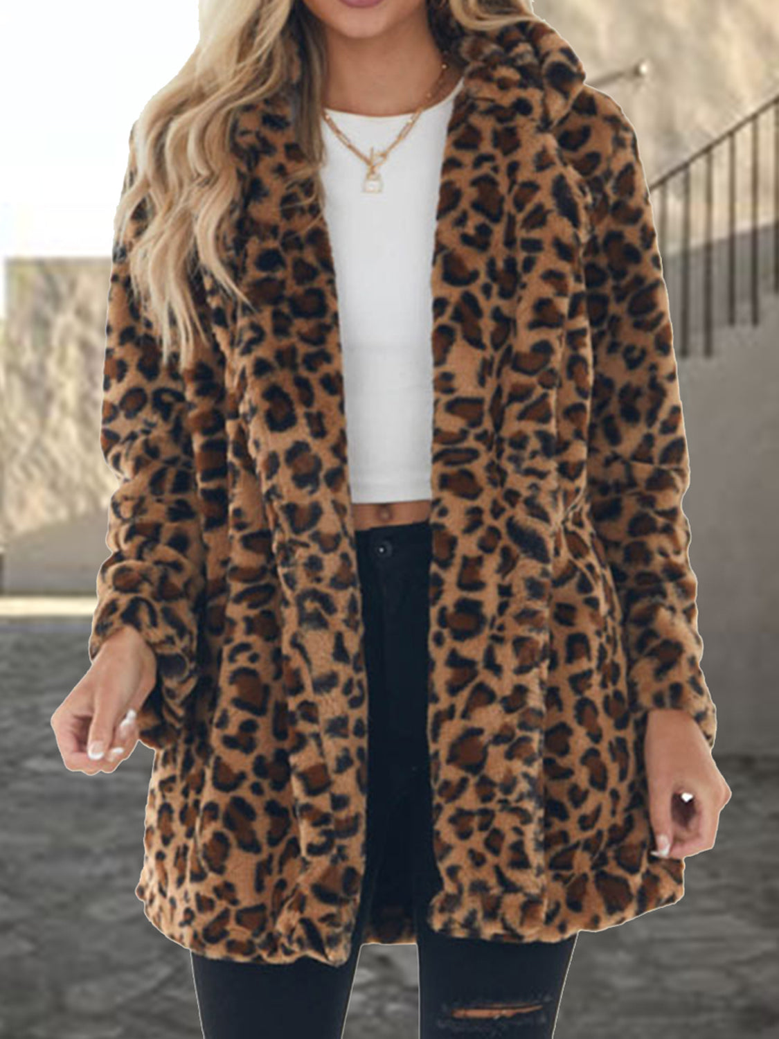 Leopard collared neck coat with pockets - mocha / s