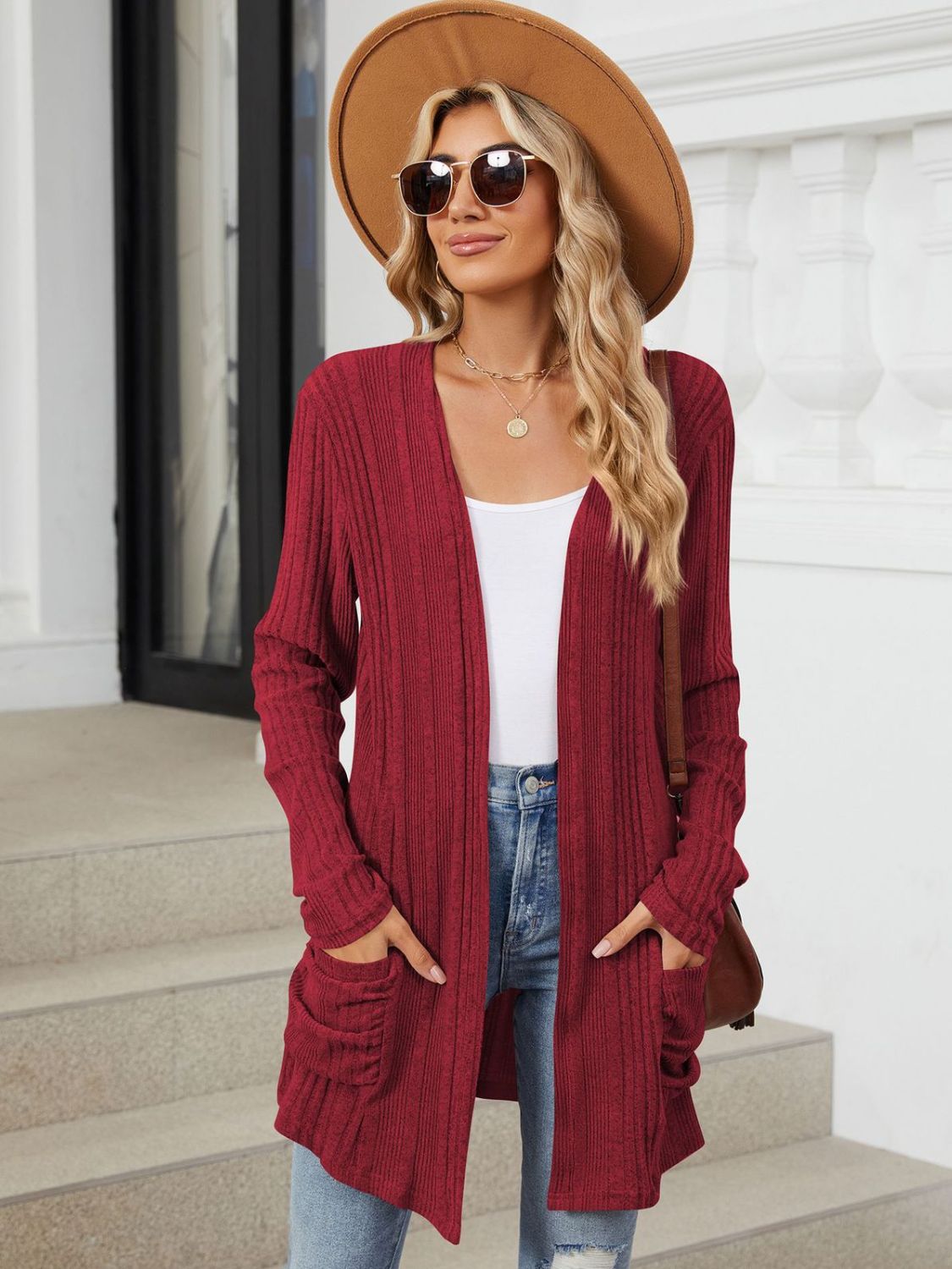 Pocketed open front long sleeve cardigan