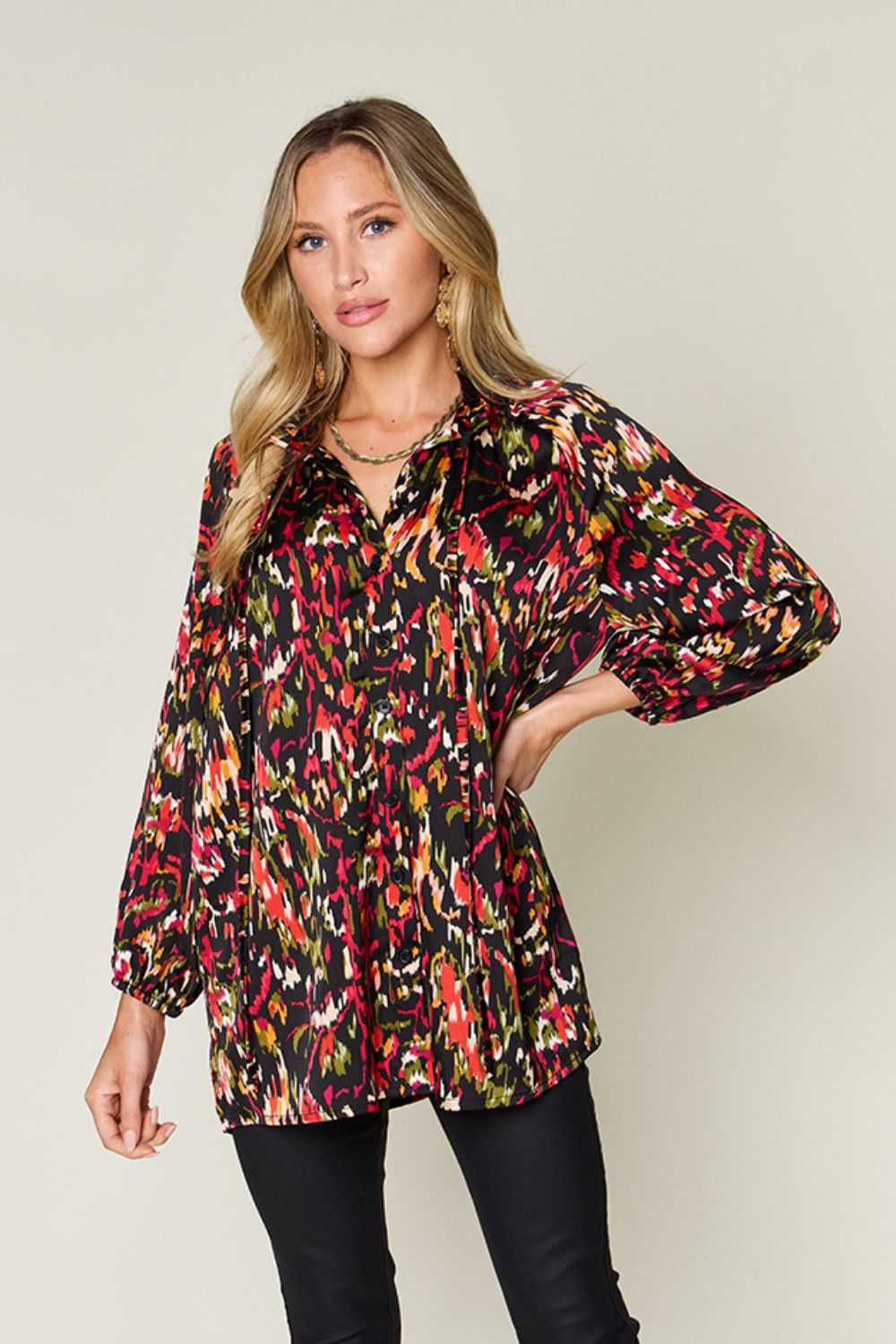 Double take full size printed button up long sleeve shirt