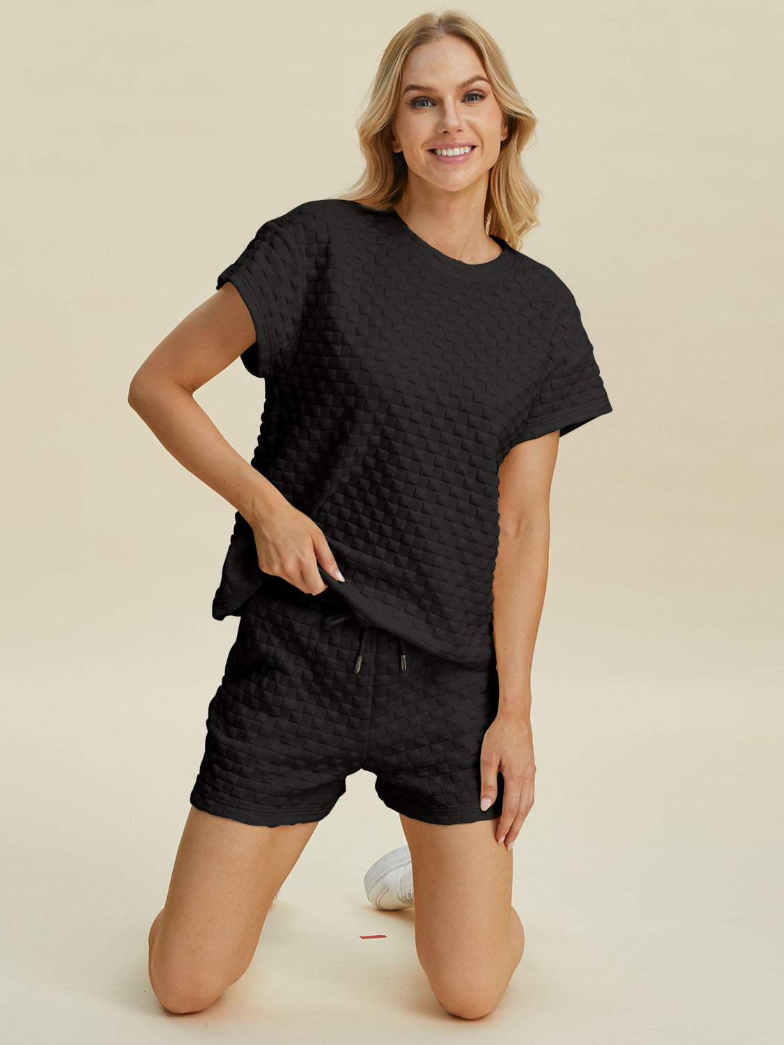 Double take full size texture t-shirt and shorts set