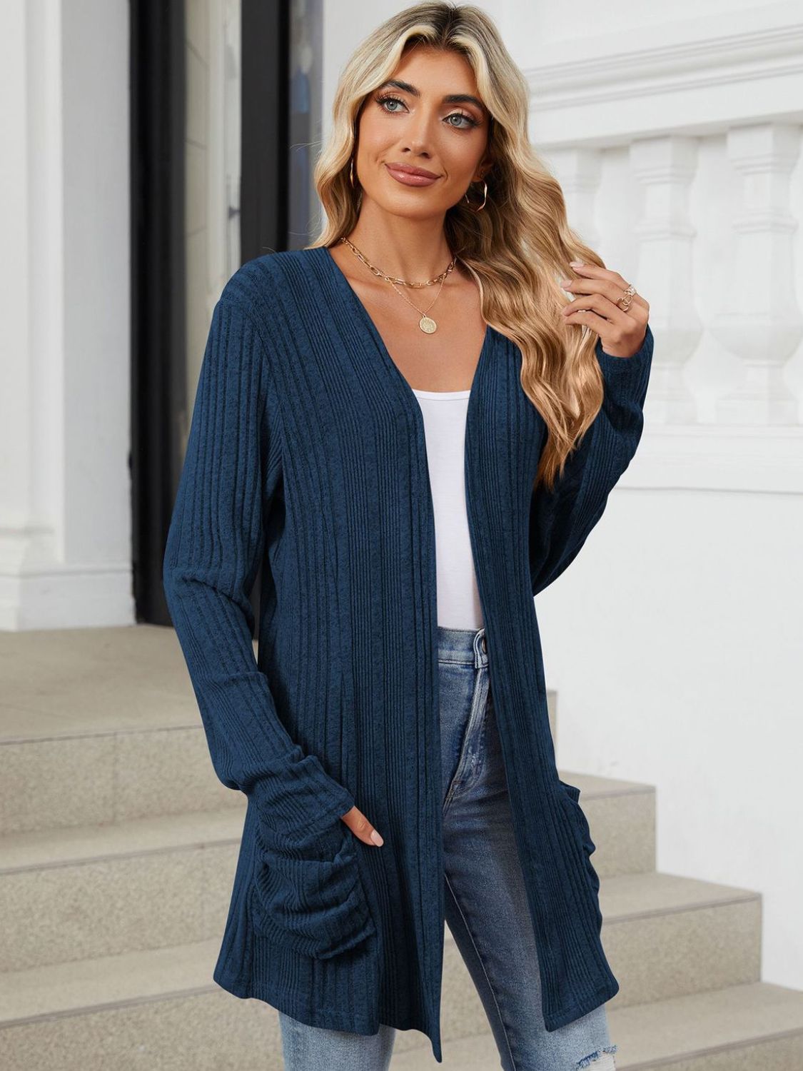 Pocketed open front long sleeve cardigan