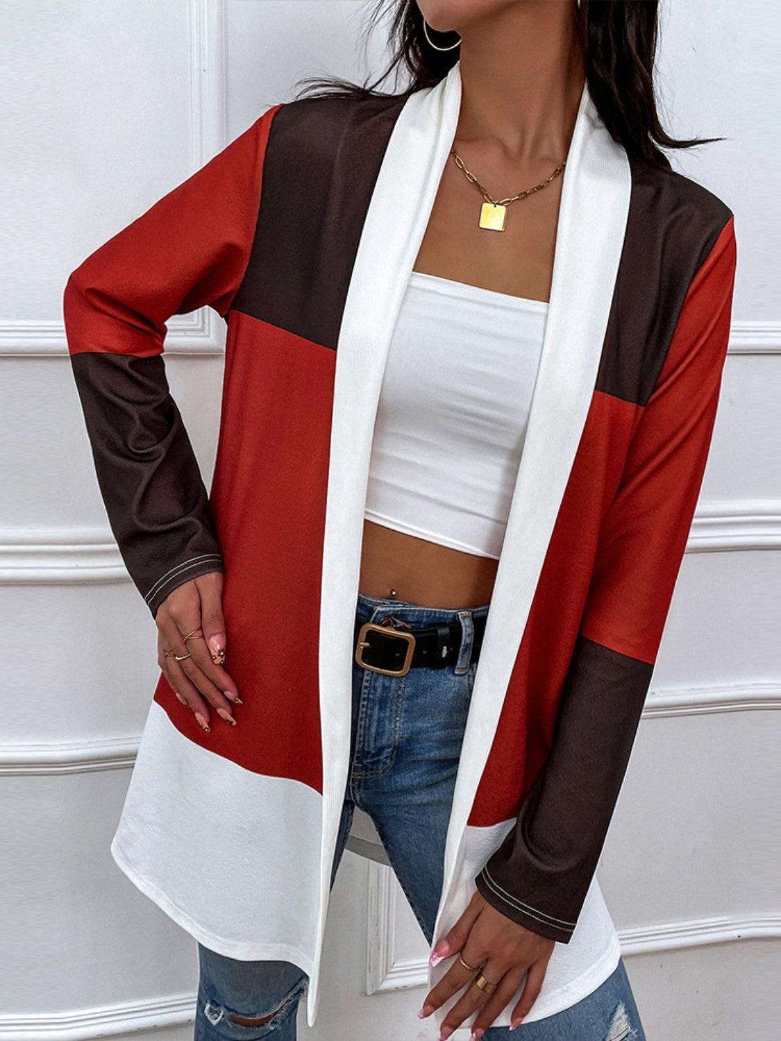 Shiny color block open front cardigan