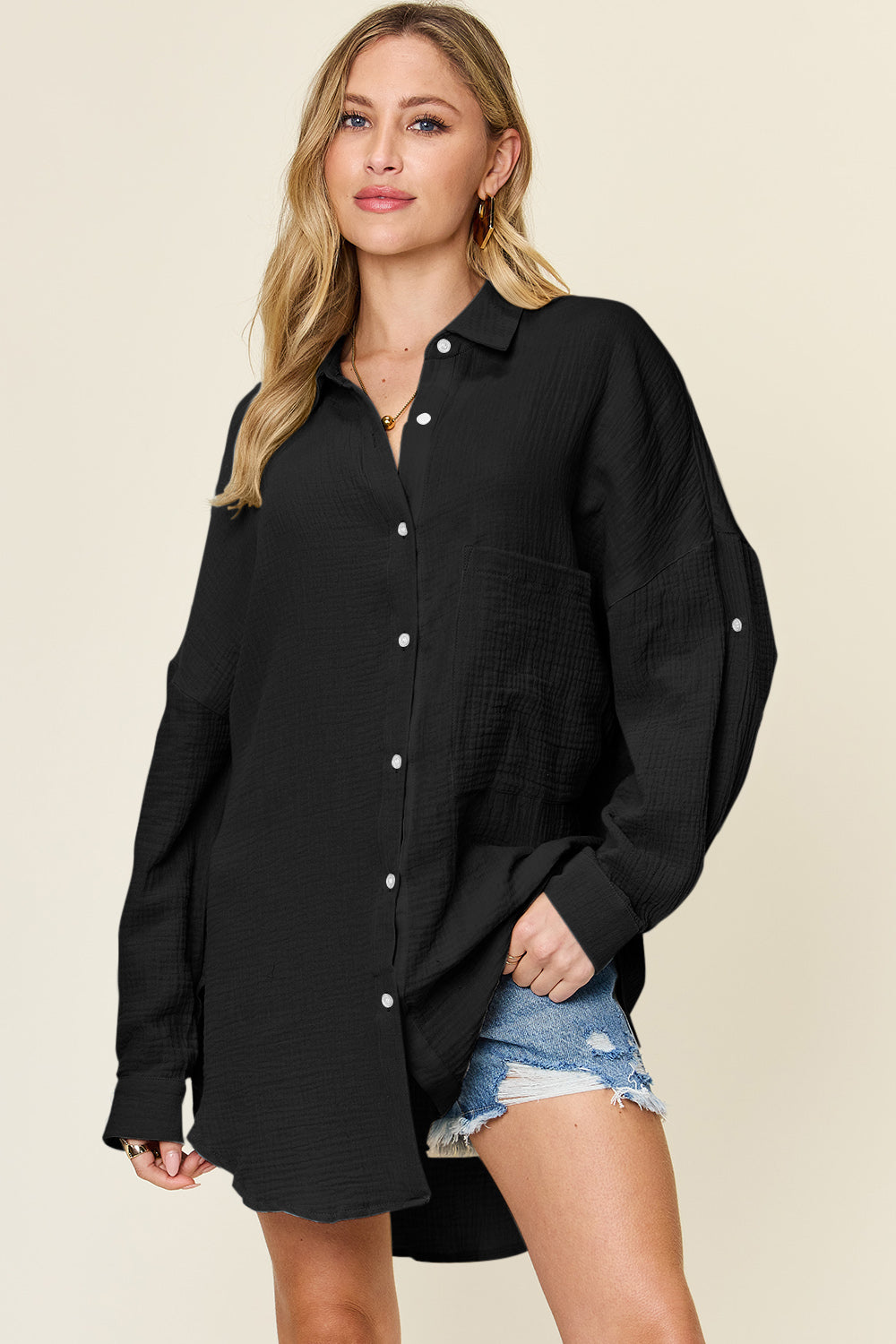 Double take full size pocketed texture button up shirt