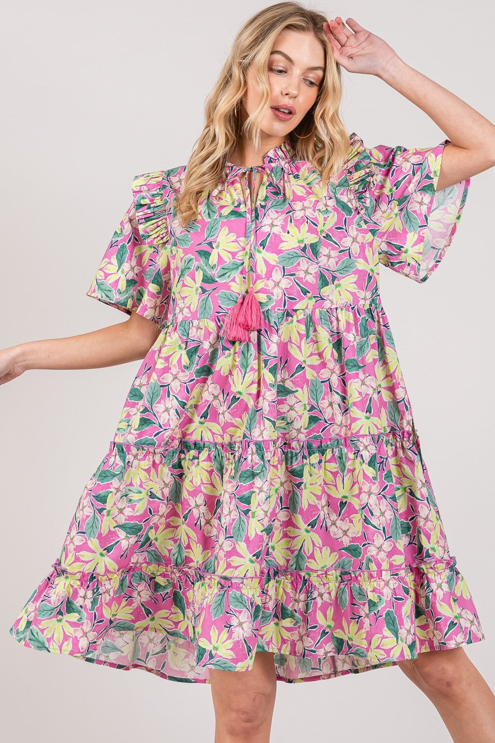 Sage + fig floral ruffle short sleeve dress - pink / s