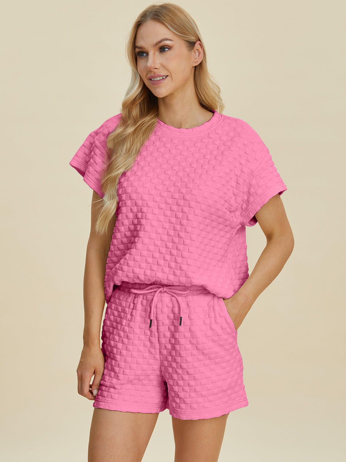 Double take full size texture t-shirt and shorts set