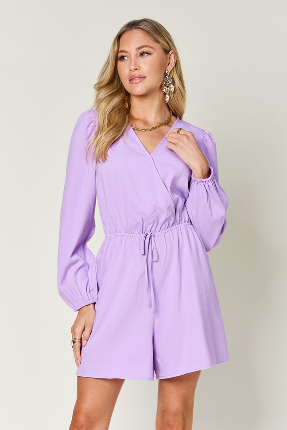 Double take full size drawstring long sleeve romper - lavender / s