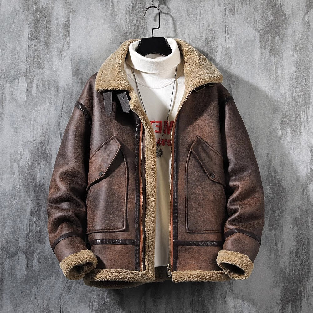 Men’s fashion single-layer fleece-lined padded jacket lamb wool coat