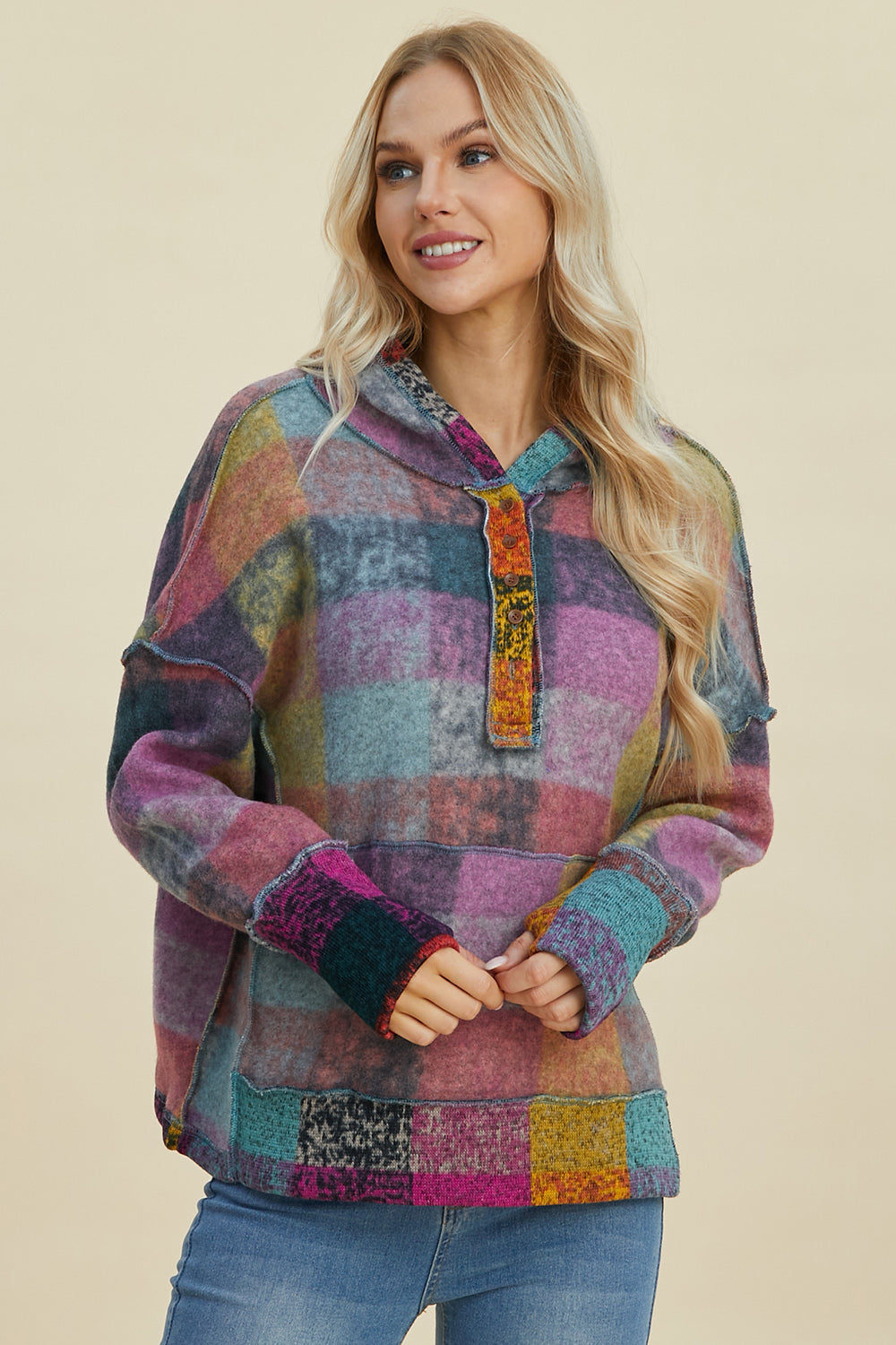 Double take full size plaid dropped shoulder hoodie