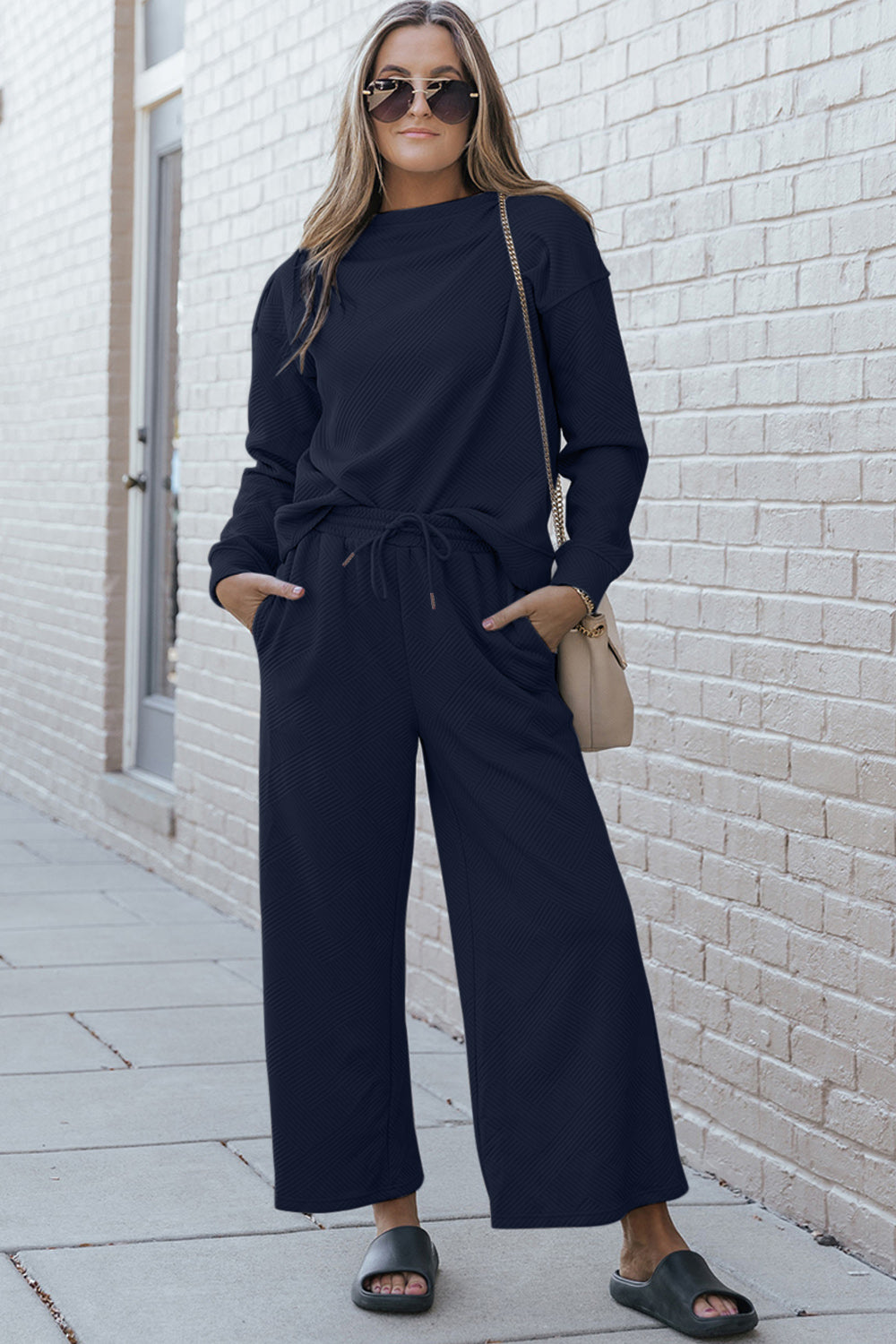 Double take full size textured long sleeve top and drawstring pants set - dark blue / s