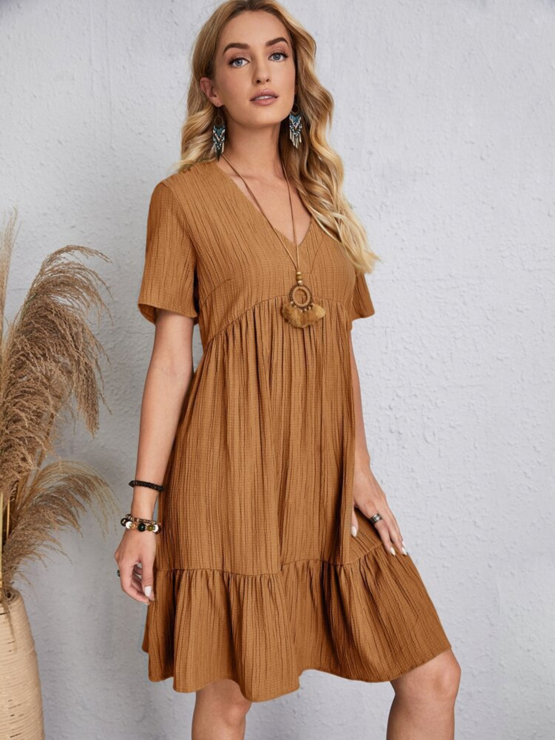 Full size v-neck short sleeve dress