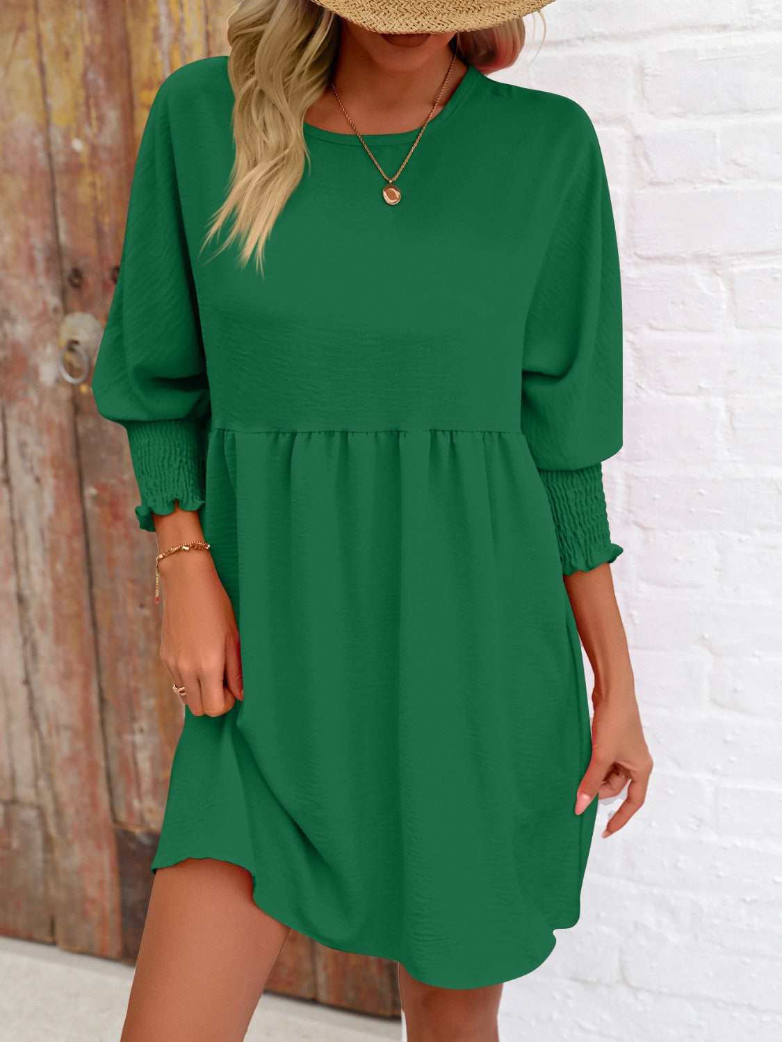 Round neck lantern sleeve mini dress