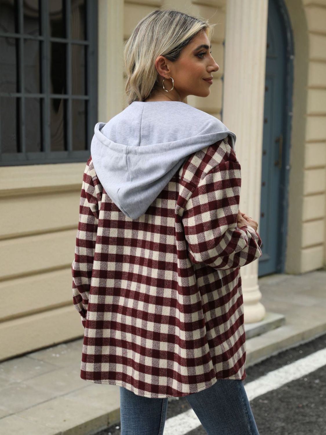 Drawstring plaid long sleeve hooded jacket